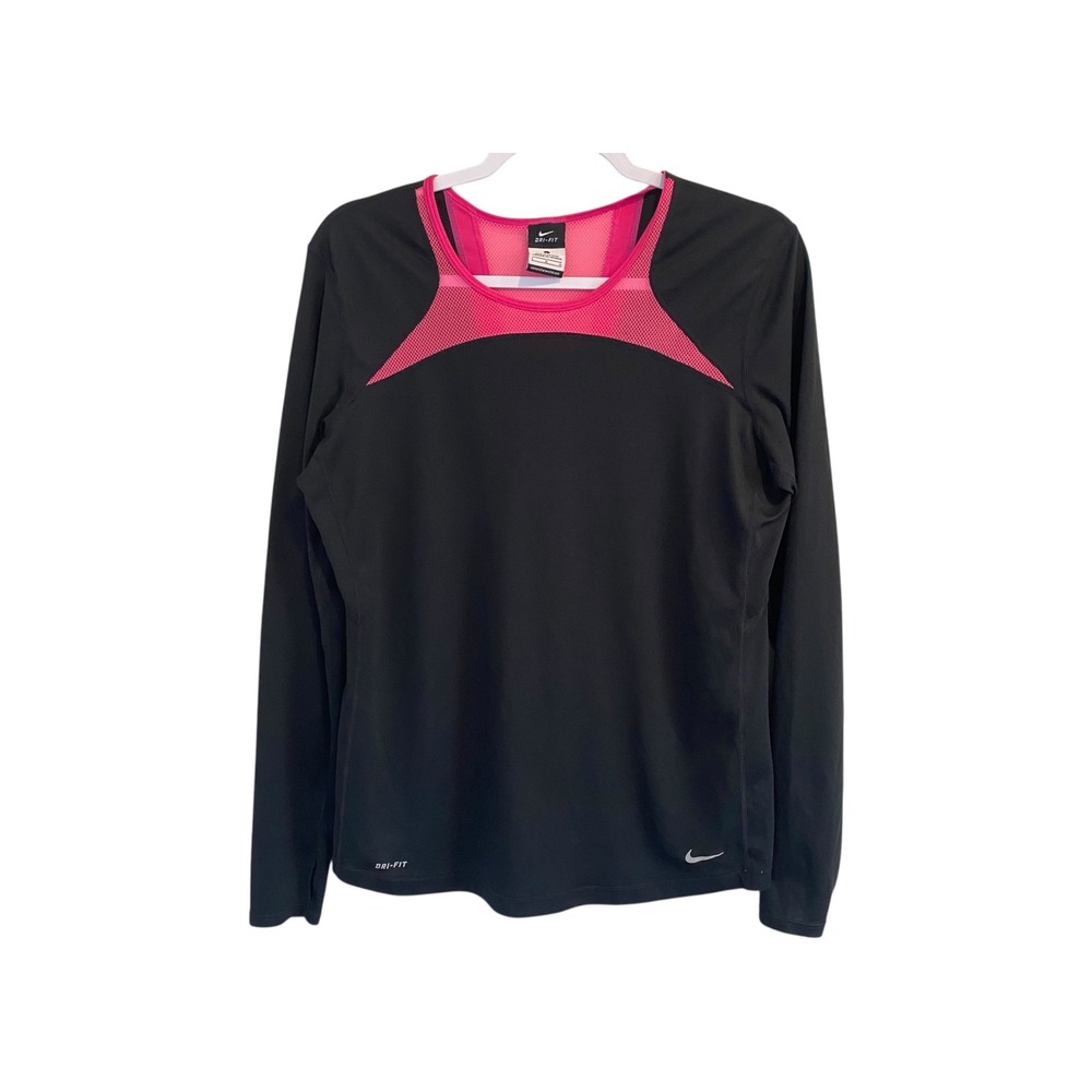 Nike Dri-FIT Long Sleeve Running Top Activewear Shirt Black Pink - Large
